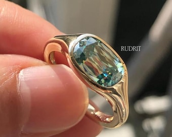 Criss Cut Cushion Moissanite Ring Bezel Wedding Ring 2.00 Ctw Green Moissanite Ring Solitaire Engagement Ring East West Cushion Diamond Ring
