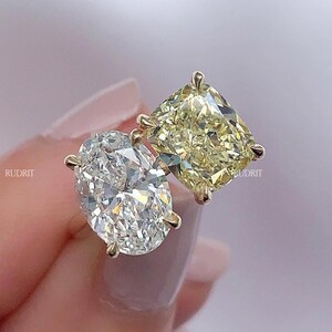 Oval & Cushion Cut Moissanite Ring Yellow Cushion Women Ring 3.50 Ctw Two Stone Bridle Wedding Ring Toi Et Moi Oval And Cushion Diamond Ring