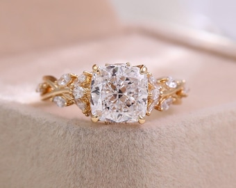 Cushion Cut Moissanite Engagement Ring, Lab Grown Diamond Floral Vine Ring, Yellow Gold Leaf Cluster Ring, 3 CTW Bridal Ring