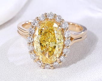 Yellow Oval Moissanite Halo Engagement Ring Gift for Her | Fancy Yellow Vintage Bridal Ring Solid Gold Jewelry, Luxury Ring , Laelouris