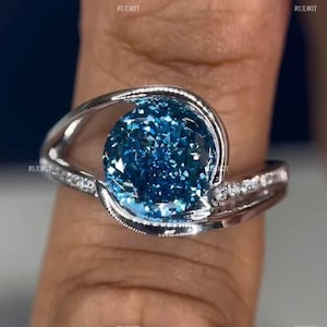 3.00 Ct Blau Moissanite Ring Runde Solitär Lünette Set Verlobungsring Portugieser Cut Moissanite Ring Weißgold Diamant Pave Ehering