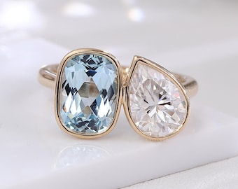 Aquamarine Pear Moissanite Toi et Moi Ring Gift for Her | Solid Gold Bezel Engagement Ring | Unique Bridal Jewelry , Laelouris