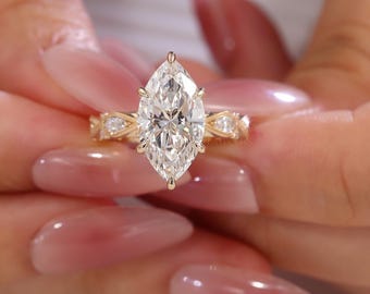 Marquise Cut Moissanite Engagement Ring Gift for Her | Vintage Floral Milgrain Bridal Ring Solid Gold Jewelry  , Unique Ring , Laelouris