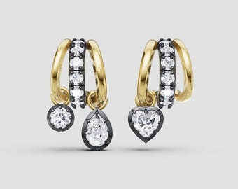Pendientes de aro con diamantes cultivados en laboratorio, regalo para ella / Pendientes de aro pequeños de oro macizo rodiado negro con diamantes para mujer / Regalo único de joyería nupcial