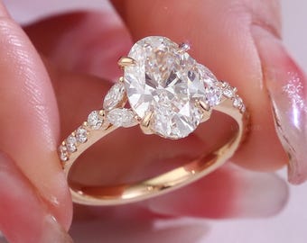 Oval Labor Diamant Verlobungsring Geschenk für Sie | Solid Gold Marquise Seitenstein Vorschlag Ring | Vintage Brautschmuck, Laelouris