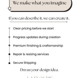 May include: A white graphic with text that reads "We make what you imagine" and "If you can describe it, we can create it." Additional text includes "Clear pricing before we start," "Progress updates during creation," and "Premium finishing & craftsmanship."