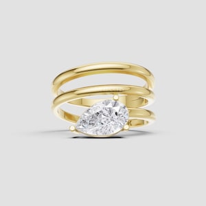 Bague de fiançailles diamant poire pour elle | Bague de mariage en or massif triple anneau pour femme | Alliance moderne et élégante, Laelouris