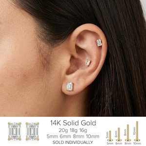14K Solid Gold Emerald Cut Diamond Cartilage Earring | Lab Grown Diamond Threadless Flat Back Stud | Helix Tragus Conch Lobe | Laelouris