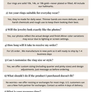 Puede incluir: Una p&aacute;gina de preguntas frecuentes titulada "F.A.Q. Got Any Questions?" enumera preguntas comunes sobre anillos. Los temas incluyen materiales (oro de 10k, 14k, 18k), idoneidad para el uso diario, precisi&oacute;n de las fotos, tiempo de pedido, personalizaci&oacute;n, devoluciones y tiempo de respuesta.