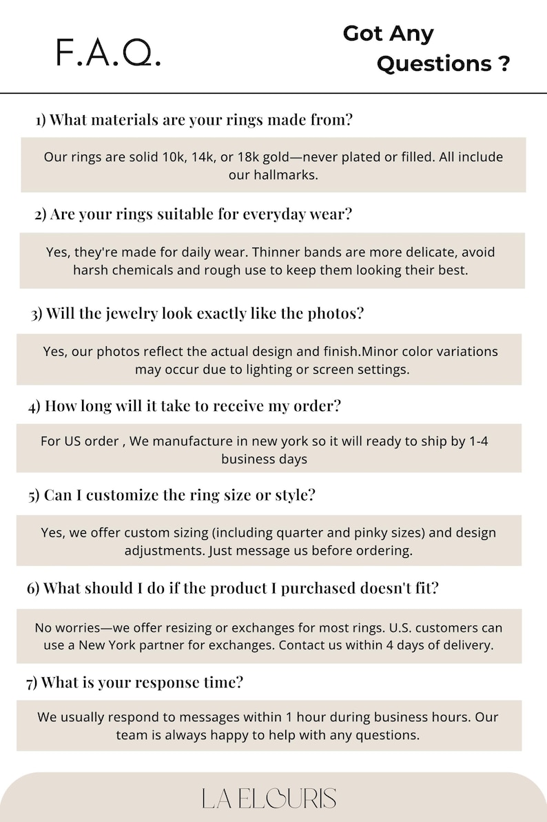 Puede incluir: Una p&aacute;gina de preguntas frecuentes titulada "F.A.Q. Got Any Questions?" enumera preguntas comunes sobre anillos. Los temas incluyen materiales (oro de 10k, 14k, 18k), idoneidad para el uso diario, precisi&oacute;n de las fotos, tiempo de pedido, personalizaci&oacute;n, devoluciones y tiempo de respuesta.