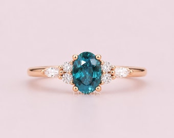 Oval Blue Sapphire Engagement Ring Gift for Her | Solid Gold Three Stone Bridal Ring | Vintage Inspired Proposal Ring , Laelouris jewelry