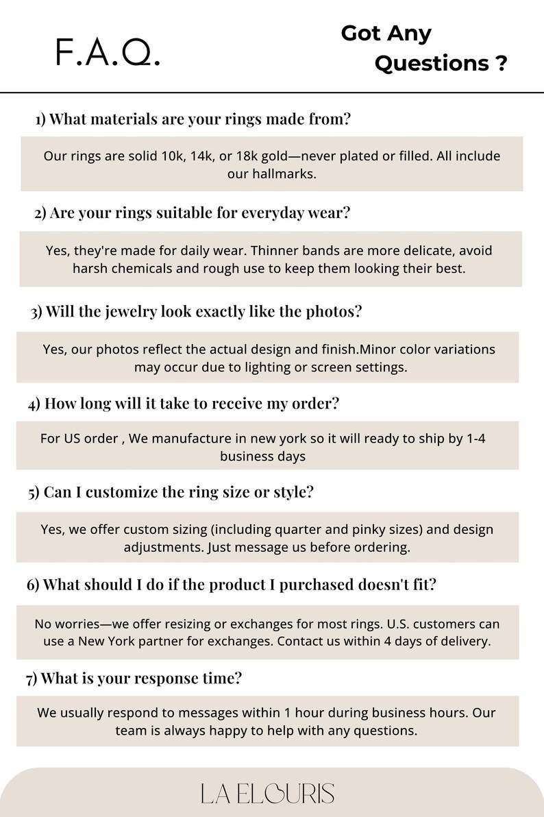 May include: An FAQ page with the title "F.A.Q. Got Any Questions?" lists common questions about rings, including materials (10k, 14k, 18k gold), everyday wear suitability, photo accuracy, order time, customization, returns, and response time.