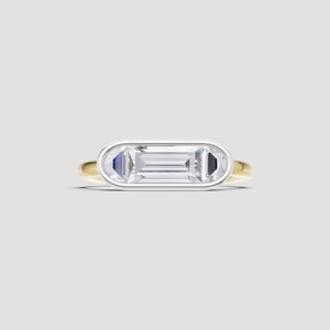 Emerald Cut East West Diamond Ring Gift for Her | Solid Gold Bezel Engagement Ring for Women | Minimalist Modern Wedding Ring