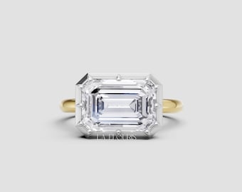 Emerald Cut Diamond Engagement Ring Gift for Her | Solid Gold Two Tone Double Frame Solitaire Proposal Ring for Women | Modern Wedding Ring