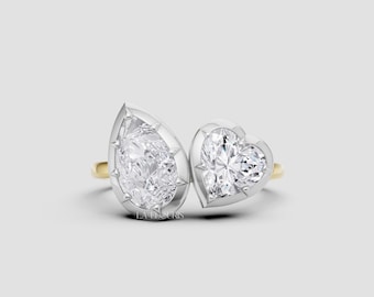 Anello Toi et Moi con diamante a forma di pera e cuore, regalo per lei / Anello di fidanzamento a doppia pietra in oro massiccio per donna / Gioielli da sposa romantici, Laelouris