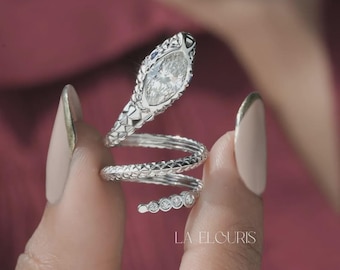 Conjunto de anéis de noivado com moissanita em formato de marquise ou diamante sintético, anel de noivado vintage gravado, aliança curva, conjunto de anéis em ouro branco.