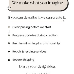 Puede incluir: Gr&aacute;fico blanco con texto que dice "We make what you imagine" y "If you can describe it, we can create it". El texto adicional incluye "Precios claros antes de empezar", "Actualizaciones de progreso durante la creaci&oacute;n" y "Acabado y artesan&iacute;a de primera calidad".