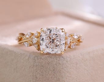 Cushion Cut Lab Grown Diamond Engagement Ring Gift for Her | Nature Inspired Floral Gold Proposal Ring | Unique Bridal Jewelry, Laelouris