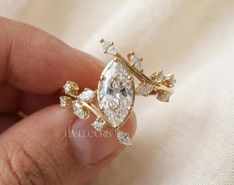 Marquise Cut Lab Grown Diamond Engagement Ring Gift for Her | Solid Gold Leaf Bypass Ring | Nature Inspired Proposal Ring , Laelouris