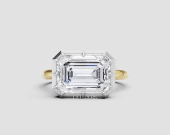 Anello di fidanzamento con diamante taglio smeraldo, regalo per lei / Anello solitario in oro massiccio bicolore per proposta di matrimonio da donna / Elegante anello nuziale moderno