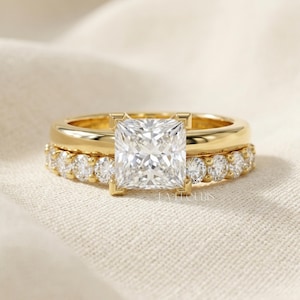 Princess Cut Diamond Ring Gift for Her | Solid Gold Wide Band Bridal Ring Set | Lab Grown Diamond Wedding Ring , Luxury Ring , Laelouris