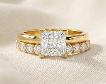 Princess Cut Diamond Ring Cadeau voor haar | Massief gouden brede band bruidsring set | In het lab gekweekte diamanten trouwring, luxe ring, Laelouris