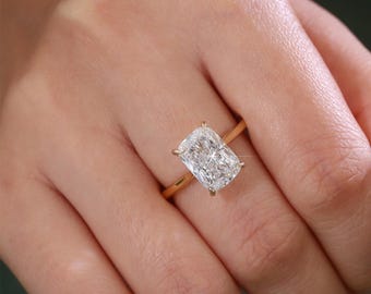 Anillo de compromiso de moissanita con forma de cojín alargado, anillo con halo oculto de diamantes cultivados en laboratorio, anillo de novia solitario de oro amarillo de 3 quilates para ella.
