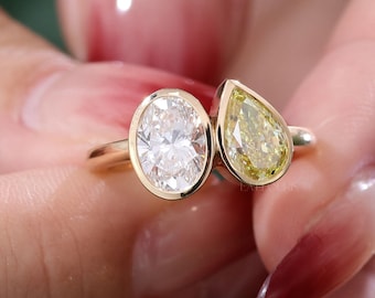 Toi Et Moi Diamond Ring, Oval and Pear Bezel Ring, Yellow Diamond Engagement Ring, Modern Open Ring Jewelry | Luxury Ring | Laelouris
