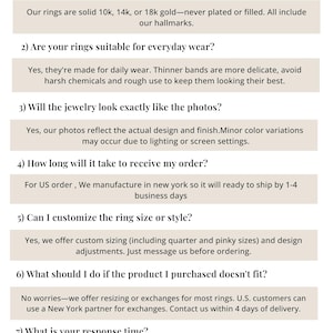 May include: An FAQ page with the title "F.A.Q. Got Any Questions?" lists common questions about rings, including materials (10k, 14k, 18k gold), everyday wear suitability, photo accuracy, order time, customization, returns, and response time.