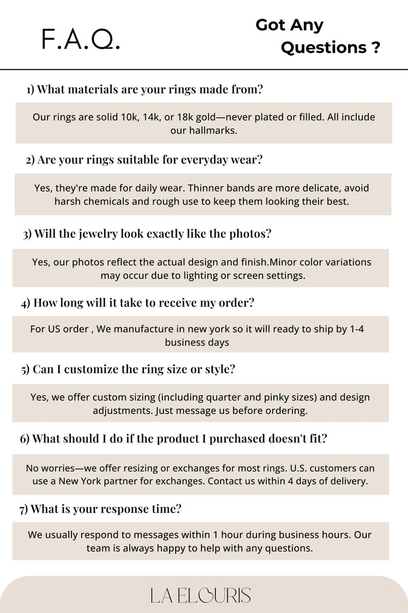 May include: An FAQ page with the title "F.A.Q. Got Any Questions?" lists common questions about rings, including materials (10k, 14k, 18k gold), everyday wear suitability, photo accuracy, order time, customization, returns, and response time.