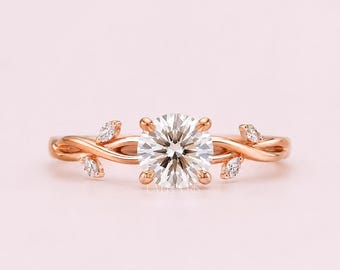 Anillo de compromiso redondo con diamante cultivado en laboratorio, regalo para ella / Anillo de oro macizo con diseño de enredadera inspirado en la naturaleza / Anillo de propuesta floral, Laelouris
