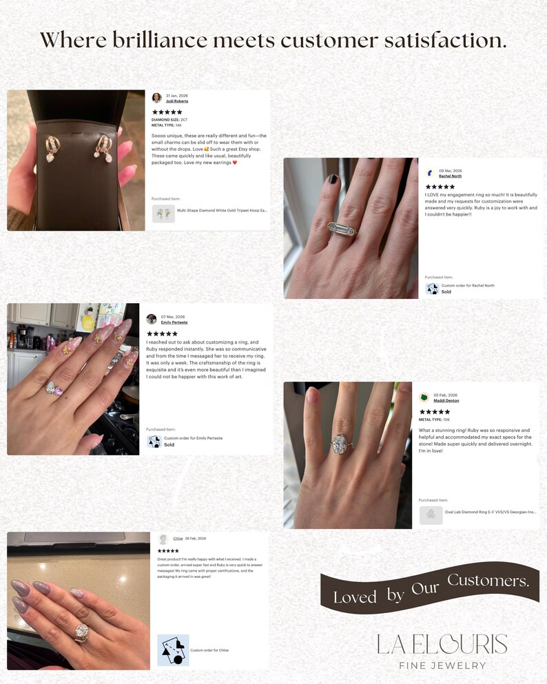Puede incluir: Imagen que muestra rese&ntilde;as de clientes sobre joyas. Las rese&ntilde;as destacan la calidad y la artesan&iacute;a de anillos y pendientes. El texto "Where brilliance meets customer satisfaction" y "Loved by Our Customers" son visibles. La marca "LA ELOURIS" tambi&eacute;n est&aacute; presente.