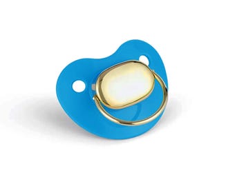 14K Gold Baby Pacifier Baby Shower Gift Gold Baby Gift, 14K Newborn Gift Baby Keepsake, Blue Pacifier, Solid Gold Luxury Baby Gift