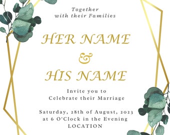 Gold Frame and Green Eucalyptus Geometric Floral Wedding Invite
