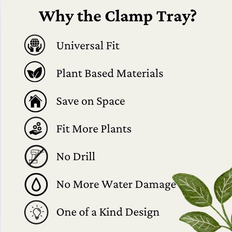 May include: A graphic with a list of reasons why to use a clamp tray. The list includes: Universal Fit, Plant Based Materials, Save on Space, Fit More Plants, No Drill, No More Water Damage, One of a Kind Design.