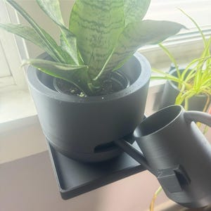 May include: A black plant stand with a built-in watering can. A potted snake plant sits on the stand. The stand has a tray to catch excess water.