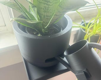 May include: A black plant stand with a built-in watering can. A potted snake plant sits on the stand. The stand has a tray to catch excess water.