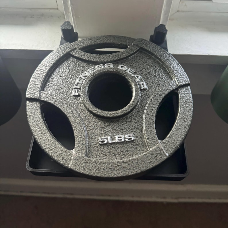 May include: A gray 5-pound weight plate with the text "Fitness Gear" printed on it. The plate is hanging on a black metal rack.