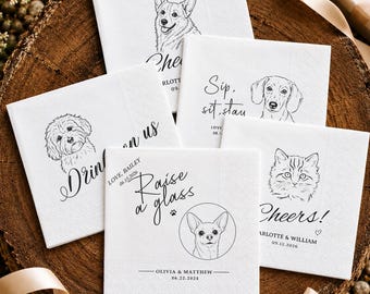 Personalized Cocktail Napkins – Custom Cocktail Napkins with Dog and Cat Portrait, Wedding Napkins