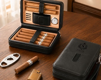 Custom Leather Cigar Case with Cutter, Personalized Travel Humidor, Cigar Accessories, Christmas Gift for Him, Husband or Dad