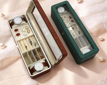 Custom Travel Jewelry Box - Glass Lid Jewelry Box, Engraved Jewelry and Watch Box, Birthday Anniversary Gift