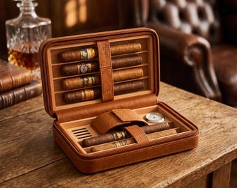 Personalized Leather Cigar Travel Case with Cutter, Custom Engraved Cigar Humidor Box, Cigar Lover Accessory