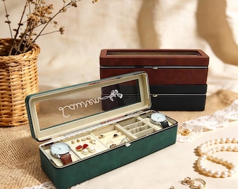Personalized Jewelry Box For Mom - Glass Lid Watch And Necklace Organizer, Travel Jewelry Case, Mothers Day Gift