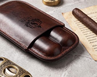 Custom Leather Cigar Case, Holds 2 or 3 Cigars, Personalized Engraved Travel Holder, Christmas Gift for Men