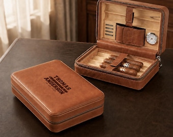 Custom Engraved Leather Cigar Humidor, Portable Cigar Case Built with Cutter, Personalized Cigar Accessory