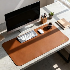 May include: A brown leather desk mat with rounded corners, a keyboard, mouse, and computer monitor on a concrete desk. A small plant, coffee cup, and notebooks are also present. The mat has the name "Frederic" in gold lettering.