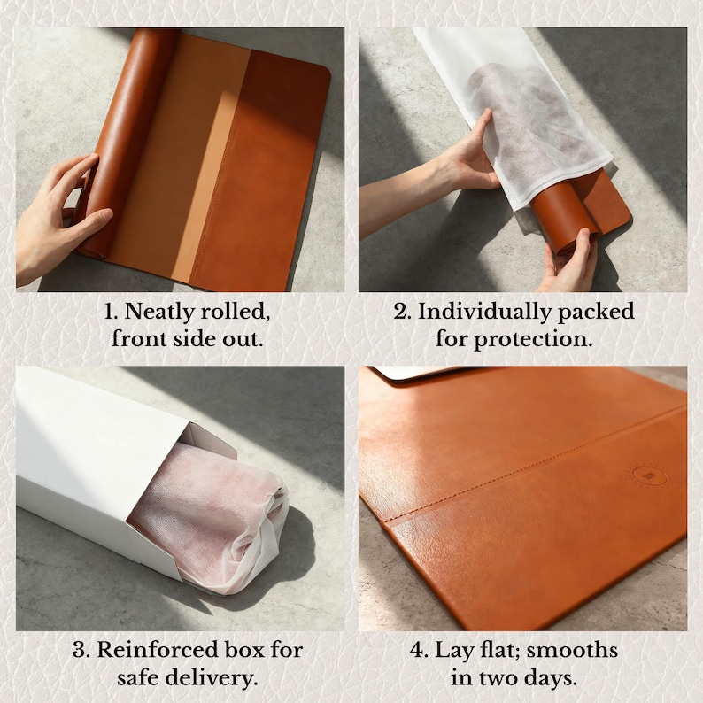 K&ouml;nnte beinhalten: Eine Serie von vier Bildern, die den Verpackungsprozess einer braunen Leder-Schreibtischunterlage zeigen. Die Unterlage wird gerollt, in einer Schutzh&uuml;lle verpackt, in einen verst&auml;rkten Karton gelegt und dann flach ausgelegt. Text auf den Bildern: "Ordentlich gerollt, Vorderseite nach au&szlig;en", "Einzeln verpackt zum Schutz", "Verst&auml;rkter Karton f&uuml;r sichere Lieferung" und "Flach legen; gl&auml;ttet sich in zwei Tagen."