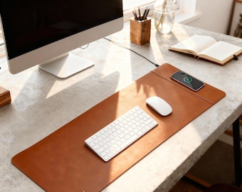 Tappetino di ricarica personalizzato - Tappetino per mouse personalizzato, tappetino da scrivania in pelle PU, caricabatterie wireless personalizzato in pelle PU, regalo per ufficio
