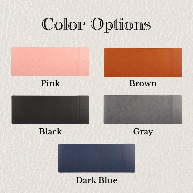 K&ouml;nnte beinhalten: Das Bild zeigt f&uuml;nf rechteckige Schreibtischunterlagen in den Farben Rosa, Braun, Schwarz, Grau und Dunkelblau. Der Text "Color Options" steht oben, jede Unterlage ist mit ihrem Farbnamen beschriftet. Die Unterlagen haben eine strukturierte Oberfl&auml;che.