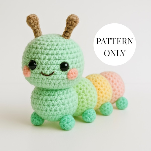 毛虫編みぐるみかぎ針編みパターン：パステルカラーのぬいぐるみ（PDFダウンロード）